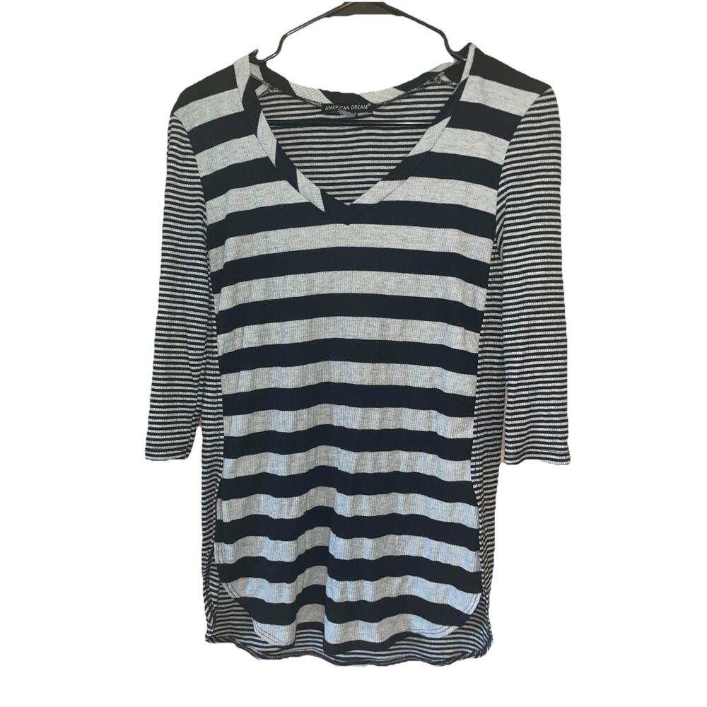 American Dream Women’s Gray And Black Tunic Style Striped Top 3/4 Sleeve Sz L